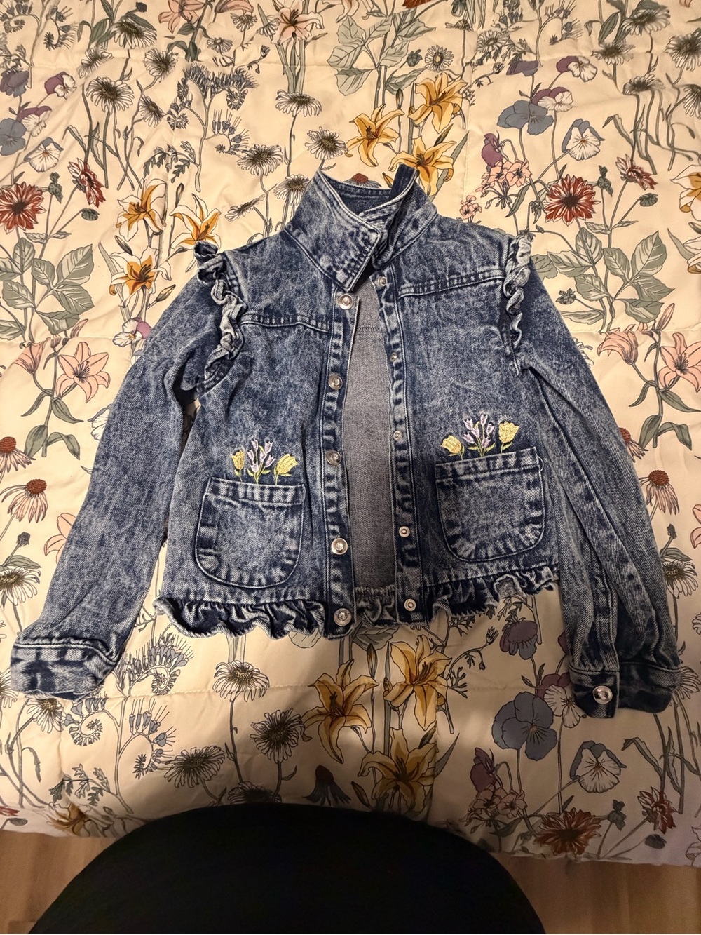 Little Lass Acid Wash Denim Jacket with Embroidered Floral Pockets